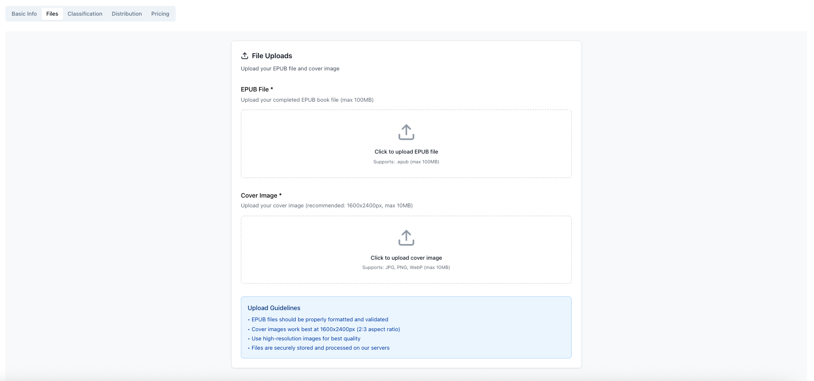 Files tab showing upload areas