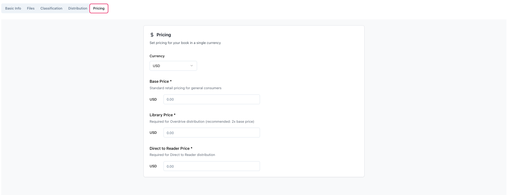 Pricing tab showing three price tiers
